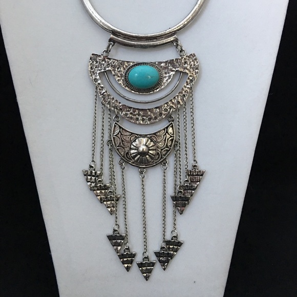 Turquoise Silver Metal Statement Choker Necklace - Picture 1 of 4